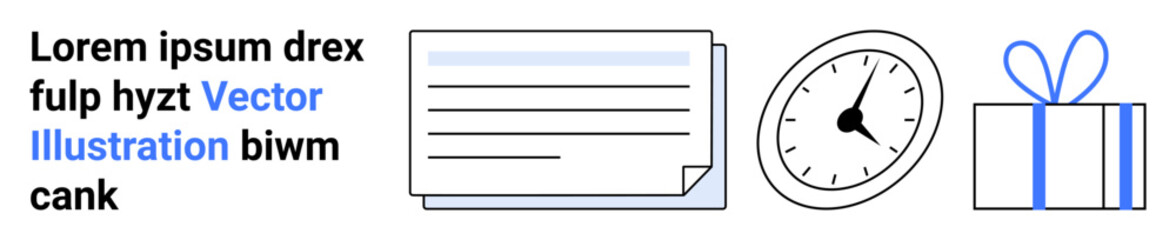 Obraz premium Text block alongside a document, an analog clock, and a gift box with a ribbon. Ideal for communication, productivity, time monitoring, scheduling, planning reminders celebrations. Landing page
