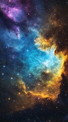 Naklejka premium Stunning cosmic landscape featuring vibrant gas clouds and sparkling stars in deep space.