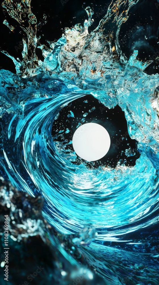 Poster A mesmerizing wave curls around a glowing sphere, capturing the essence of water's dynamic movement and energy.
