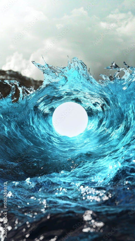 Poster a mesmerizing blue wave rolls towards a bright, glowing orb at its center, creating a surreal and dy