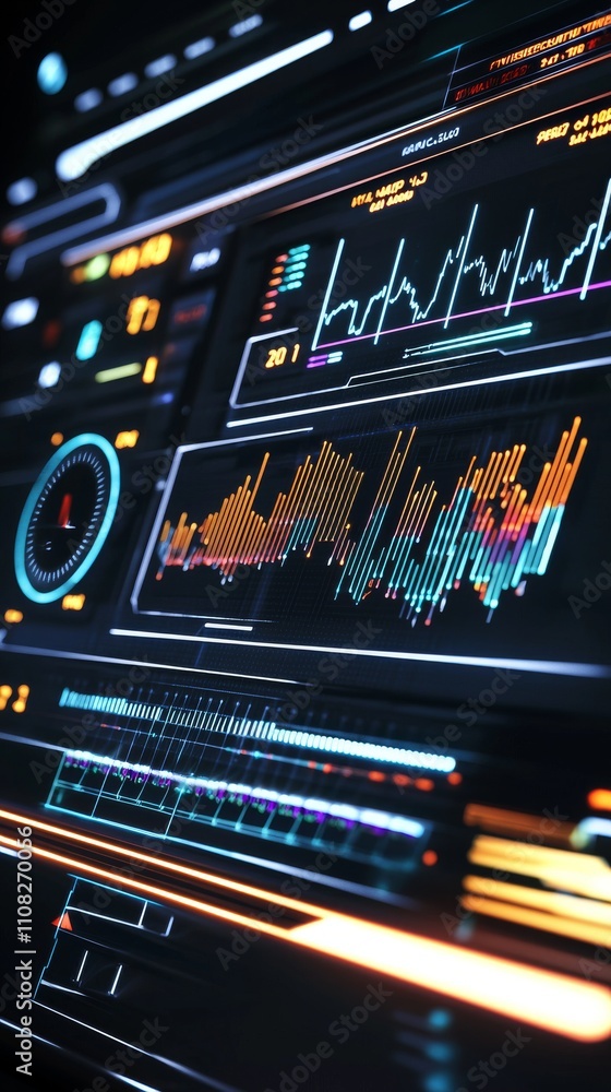 Poster abstract digital interface with colorful graphs and data metrics, evoking a high-tech feel.