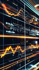 Abstract representation of data analysis with glowing graphs and indicators in vibrant orange and blue tones.