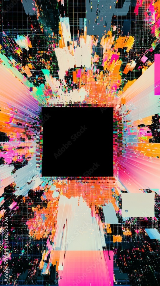 Aufkleber vibrant abstract digital artwork bursting with color, featuring dynamic lines and shapes emerging fr