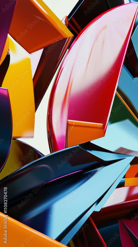 Poster vibrant abstract composition featuring colorful metallic shapes reflecting light and creating dynami