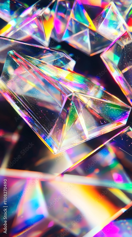 Poster close-up of colorful, sparkling crystals reflecting light against a dark background, creating a mesm