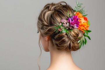 Naklejka premium Elegant Updo Hairstyle with Colorful Floral Accents for Events