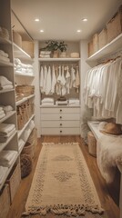 A beautifully organized walk-in closet featuring neatly arranged shelves and hangers with white clothing and natural woven baskets in a cozy home setting.