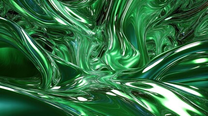 Abstract liquid green metal chrome autostereogram. Fluid shapes, colors create trippy optical illusion. Intricate design suggests futuristic organic forms. Complex interplay of light, shadow. Ideal