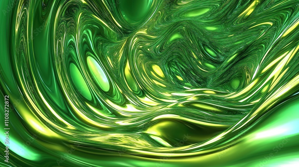 Aufkleber Abstract image displays flowing liquid metal shapes in vibrant green, yellow tones. Dynamic liquid patterns create optical illusion. Artistic design evokes futuristic tech ideas. Abstract graphic