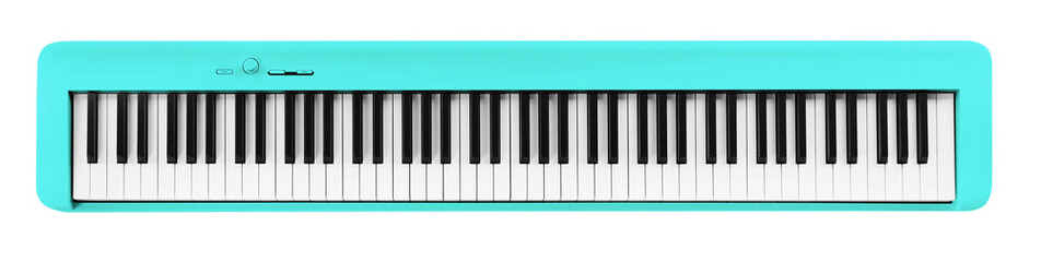 Turquoise synthesizer isolated on white. Electronic musical instrument