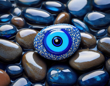A detailed evil eye design adorned with glittery decorative elements is painted on a stone surrounded by smooth blue and brown pebbles.