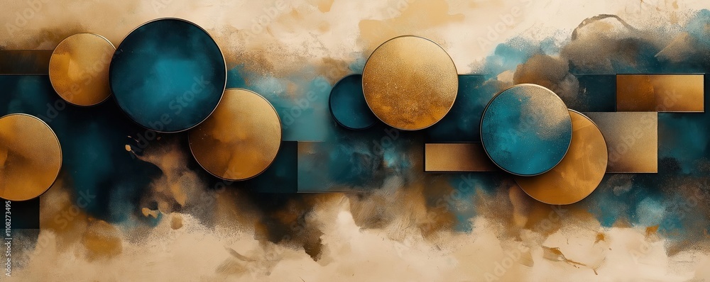 Aufkleber Abstract art with golden, teal circular shapes on beige background. Geometric patterns form decorative composition. Modern design with textures. Looks like surface with metallic objects. Image