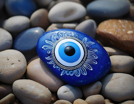 A painted blue evil eye design decorates a smooth stone, surrounded by natural beach pebbles in various neutral tones.