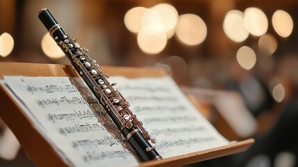 Clarinet rests on music stand in concert hall.