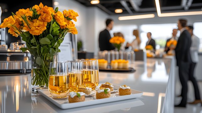 An elegant networking session in a sleek conference room, with executives smiling and exchanging ideas over refreshments, bright ambiance, professional decor