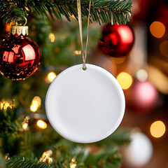 Christmas ornament mockup Decorative white ceramic fir tree and round empty, blank card for text on...