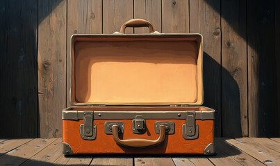 vector illustration of an open suitcase with a wooden background