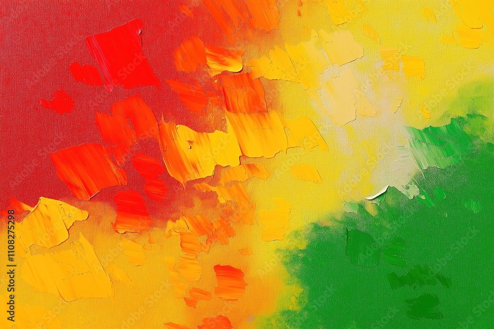 Poster abstract art piece showcasing vibrant colors red yellow and green with orange tones. paint strokes c