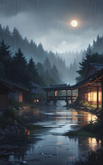 Fototapeta premium A misty night view of a traditional Japanese village with a river flowing through it.