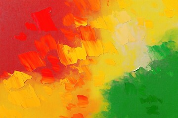 Obraz premium Abstract art piece showcasing vibrant colors red yellow and green with orange tones. Paint strokes create textured canvas surface. Modern art piece can be used for various design purposes.