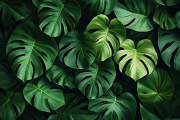 Obraz premium Exotic monstera leaves create summer pattern. Detailed deep green leaves backdrop for vibrant tropical vibe. Ideal for summer themes tropical designs. Captivating seamless pattern. Intricate leaf
