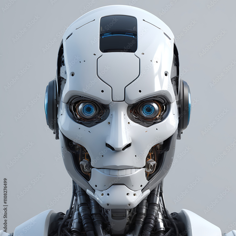 Poster close-up portrait of an advanced humanoid robot with visible mechanical components and bright blue e