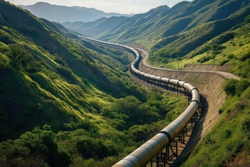 Natural gas pipeline winds through valley landscape. Long pipeline meanders through rich green hills. Environmental impact of energy transportation. Industrial infrastructure in natural setting.
