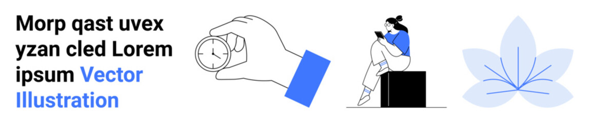 Hand grasping stopwatch symbolizing time management, woman reading on a box representing knowledge, and abstract flower design. Ideal for productivity, education, relaxation, minimalism, design