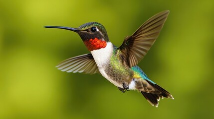 Fototapeta premium A vibrant hummingbird with shimmering green and blue feathers, a striking red throat, and delicate wings in motion, captured mid-flight against a soft, blurred green background.