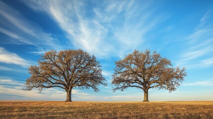 Fototapeta premium Two oak trees stand side by side on the prairie. The sky is blue with wispy clouds.