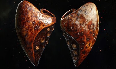 A high-resolution digital artwork illustrating two livers: one healthy and one with cirrhosis. The healthy liver on the left is shown in a rich, dark reddish-brown with a smooth surface