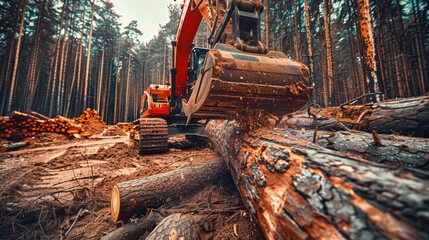 Fototapeta premium A heavy-duty forestry machine gripping a freshly cut log, surrounded by stacks of timber in a dense forest. The scene captures the dynamic process of logging with flying wood chips and rugged terrain.