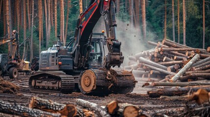Fototapeta premium A heavy-duty forestry machine gripping a freshly cut log, surrounded by stacks of timber in a dense forest. The scene captures the dynamic process of logging with flying wood chips and rugged terrain.