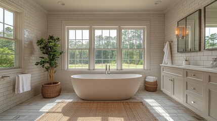Fototapeta premium A spacious and elegantly designed modern bathroom featuring a freestanding tub, large windows, and natural elements like greenery creates a serene atmosphere.