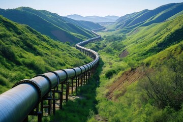 Long pipeline winds through valley surrounded by green hills. Metal pipeline supported by metal structures. Landscape, natural. Transportation of natural gas visible. Eco-friendly transportation