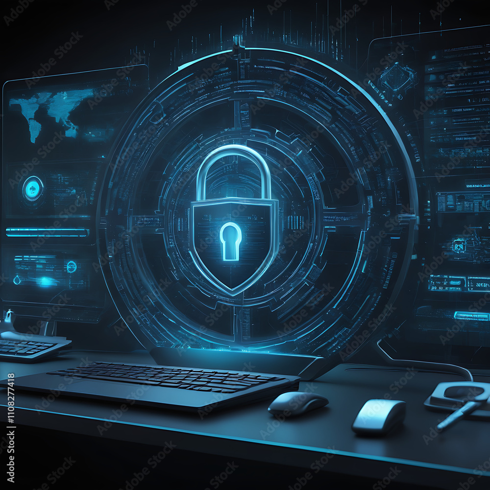 Poster cybersecurity system data protection digital security network encryption safeguard privacy firewall