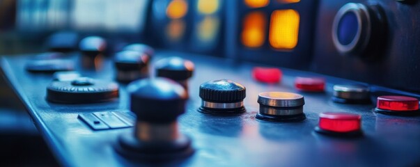 A dynamic close-up view of various buttons and dials on a metallic control panel, illuminated by a soft glow from adjacent display screens.