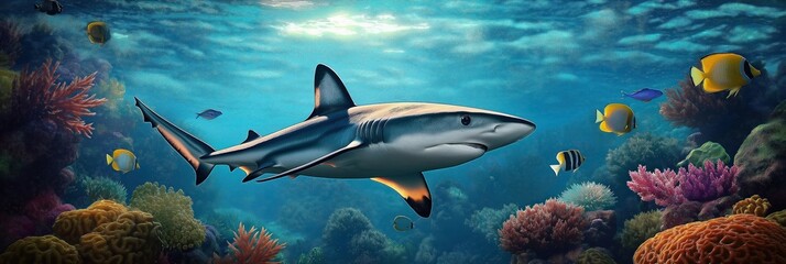 Fototapeta premium Beautiful shark swims through vibrant coral reef ecosystem. Colorful fish surround predator in underwater scene. Ocean creatures display diverse hues in hyperrealistic illustration. Ocean floor
