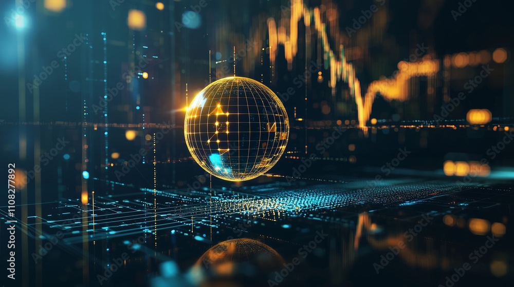 Poster a glowing sphere representing global finance sits amidst dynamic data visualizations, charts, and ne