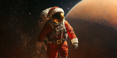 Santa Claus Astronaut Flying in Space luxury Background on Winter Merry Chrismas Holidays African American People Celebrate Happy New Year Space Man Flying Cosmos minimal Decoration for Home