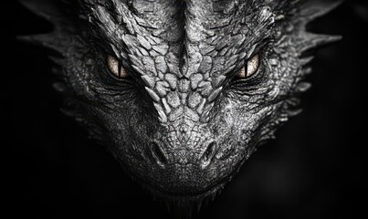 extreme macro dragon with wings, portrait, noir