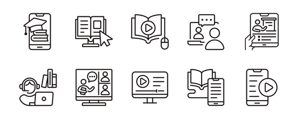 online video course icon set education tutorial study book digital learning seminar conference signs vector line illustration