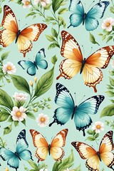 Fototapeta premium Vibrant butterflies elegantly floating among colorful flowers, lush green foliage, creating lively, cheerful atmosphere.Perfect for nature-themed project, floral design, greeting card, digital design.