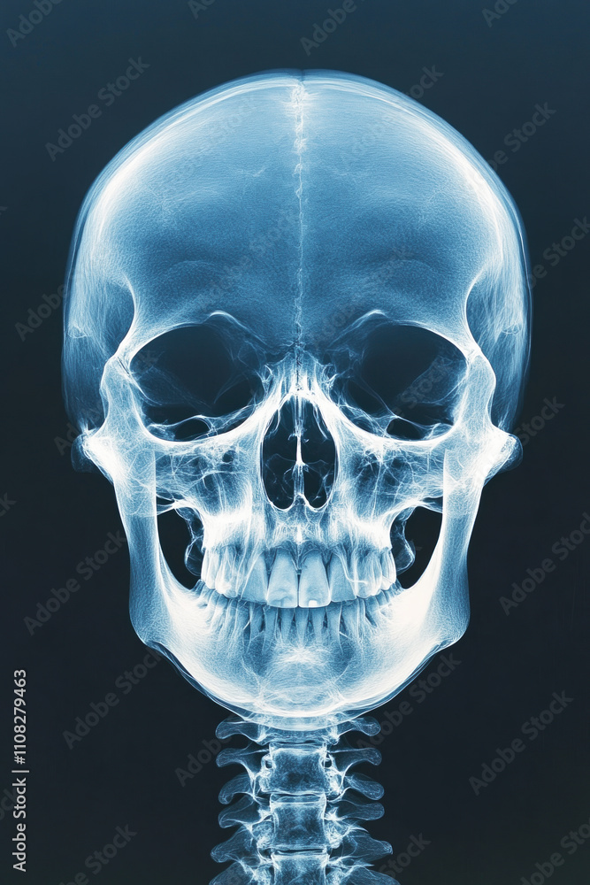 Poster x-ray scan print of a human skull showcasing detailed bone structure and features in high contrast a