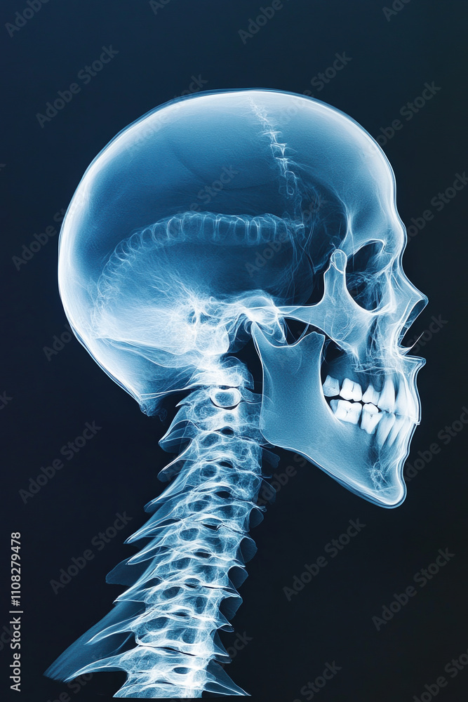 Poster detailed skull x-ray scan displaying cranial structure and cervical spine alignment with clear visib