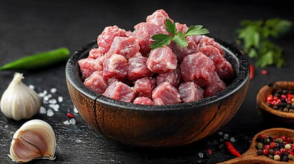 Fresh diced beef in wooden bowl with herbs and spices.