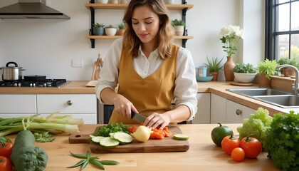 Woman chopping fresh vegetables in bright home kitchen