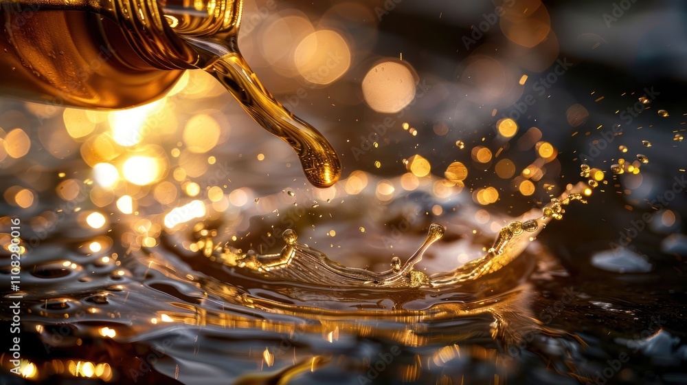 Poster close-up of liquid pouring, creating splashes and reflections on a surface.