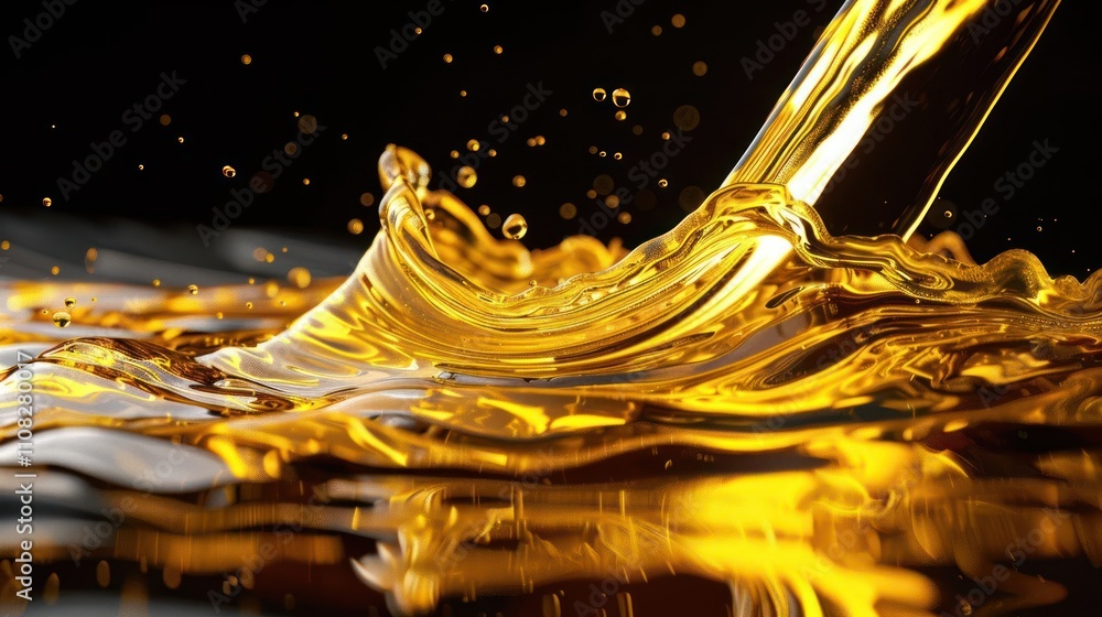 Poster a close-up of golden liquid flowing and creating ripples on a dark surface.