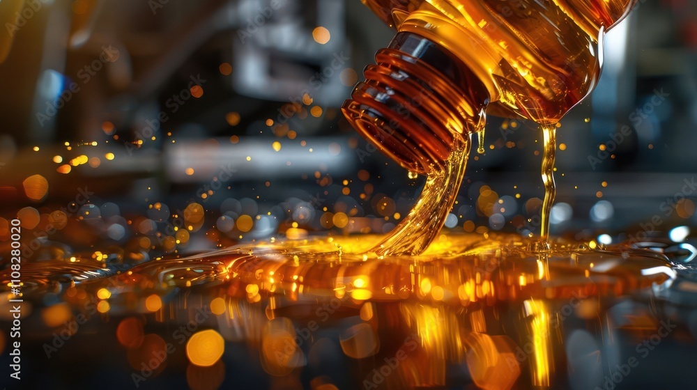 Poster a bottle pouring golden liquid, creating splashes and reflections on a surface.